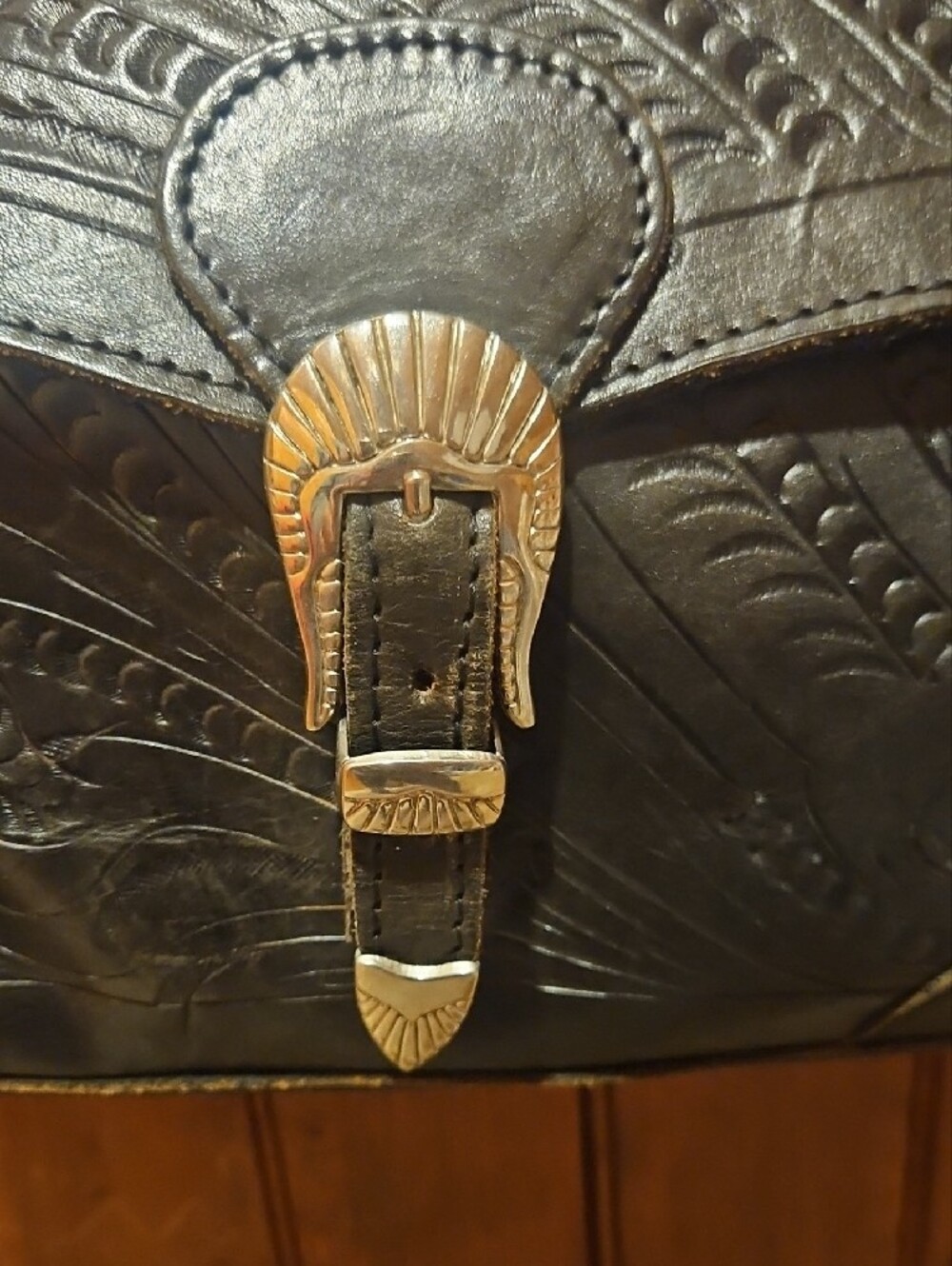 Vintage Hand-Tooled Black Leather Satchel with Silver Buckle - Picture 2 of 6
